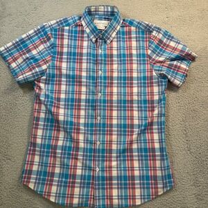 Mizzen Main Leeward Short Sleeve Shirt Mens XL Trim Fit Blue Pink Plaid Stretch